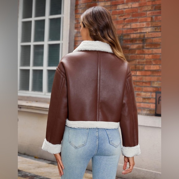 DIASHINY Faux Shearling Leather Jacket Brown Sherpa Moto Cropped Medium New - Picture 3 of 6